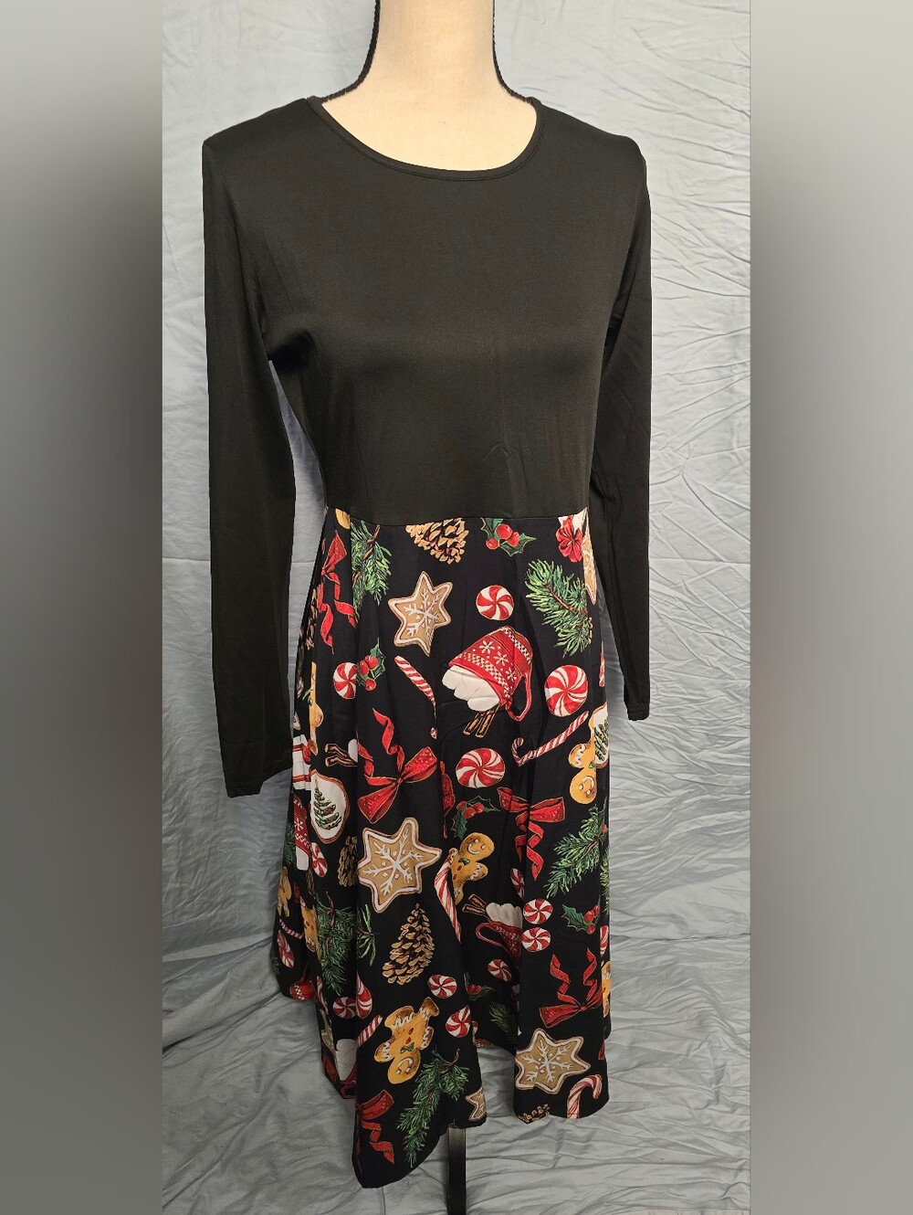 SHEIN Black Long Sleeve Festive Christmas Print Midi Dress